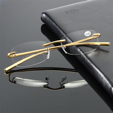 Mens Rimless Bifocal Reading Glasses Metal Readers Rectangle 10 15 20 25 30 Ebay