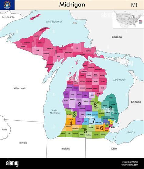 Michigan State Map With Counties Borders And Colored Congressional