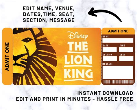 Editable Lion King Broadway Ticket Editable Musical Theatre Etsy