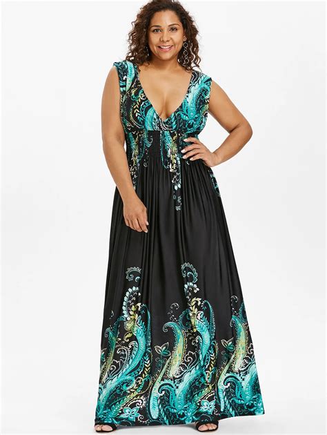 Wipalo Summer Paisley Plunge V Neck Bohemian Plus Size Women Dress