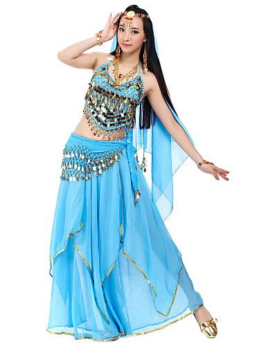 Belly Dance Outfits Womens Chiffon Beading Coins Sequins Natural