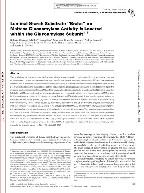 (PDF) Luminal Starch Substrate ‘‘Brake’’ on Maltase-Glucoamylase ...