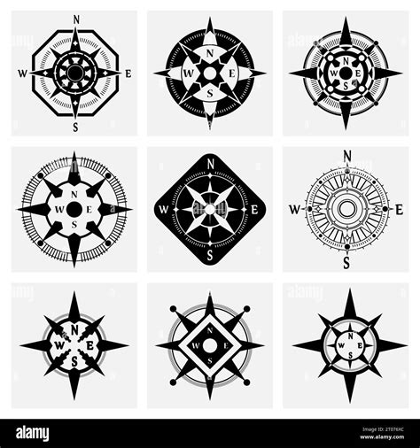 Sea Navigation Nautical Compass Wind Rose Black Icons Set Isolated