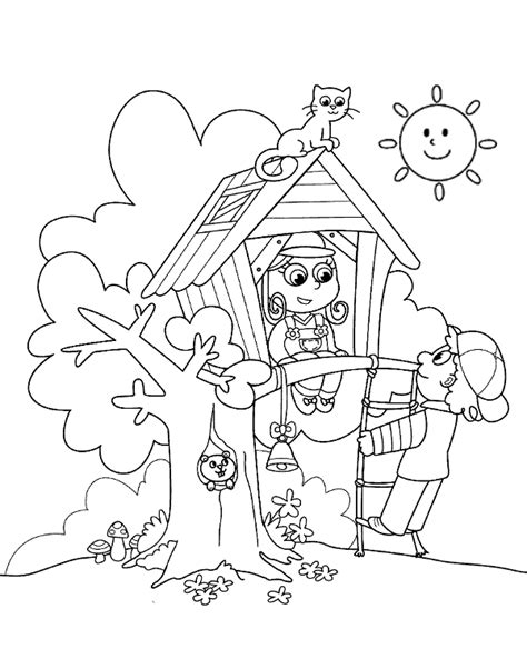 Children in a treehouse coloring page