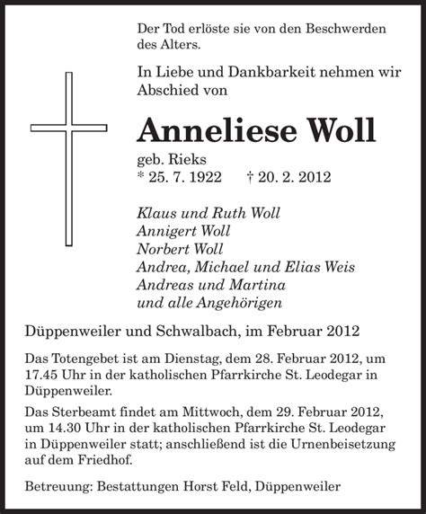 Traueranzeigen Von Anneliese Woll Saarbruecker Zeitung Trauer De