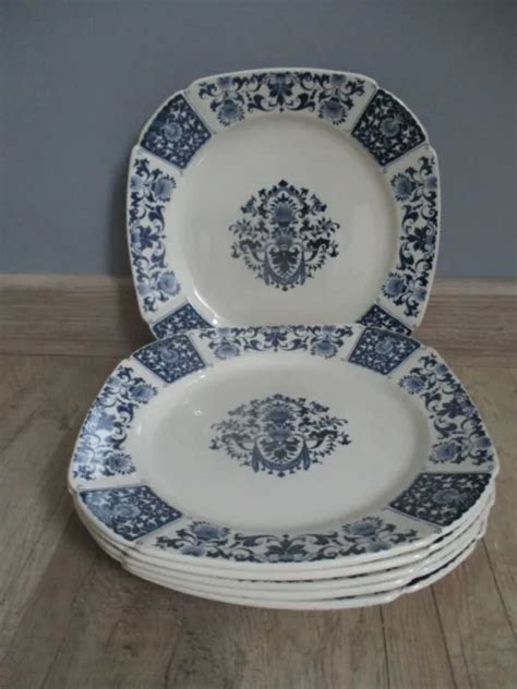 6 ASSIETTES PLATES En Faience De Gien Carre Decor Bleu Modele Ibis