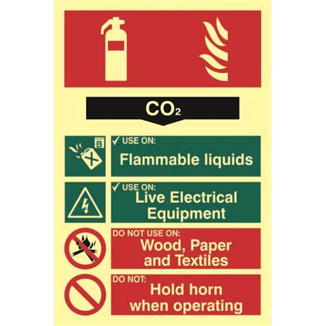 Fire Extinguisher Composite Co2 Sign 13mm Rigid Self Adhesive Photoluminescent 200mm X 300mm