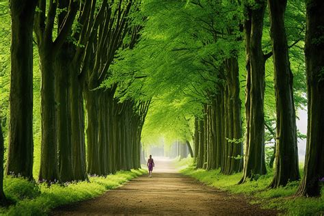 A Person Is Walking Down A Path Lined With Trees Background Street