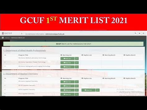 Gcuf St Merit List Check Gcuf Merit List Gcuf Merit List