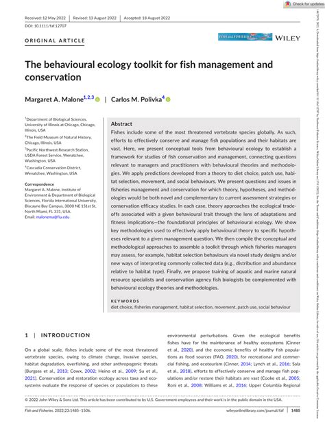 Pdf The Behavioural Ecology Toolkit For Fish Management And Conservation