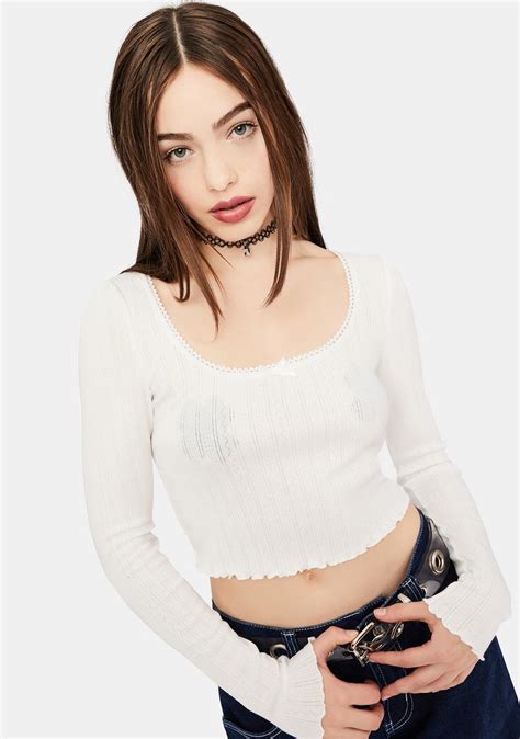 Delias Ribbed Pointelle Lace Trim Scoop Neck Long Sleeve Crop Top