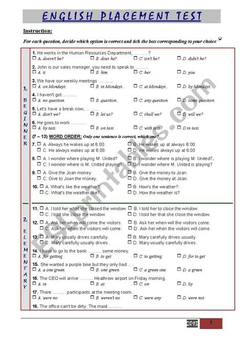 Placement Test Esl Worksheet By Simourb