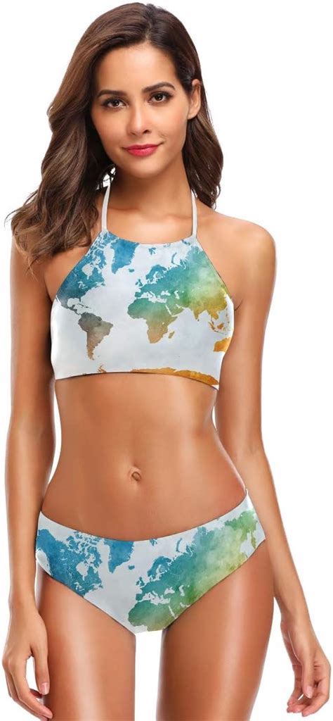 BIGJOKE Damen Bikini Mit Weltkarten Motiv Neckholder Bikini Teilig Gepolstert Badeanzug