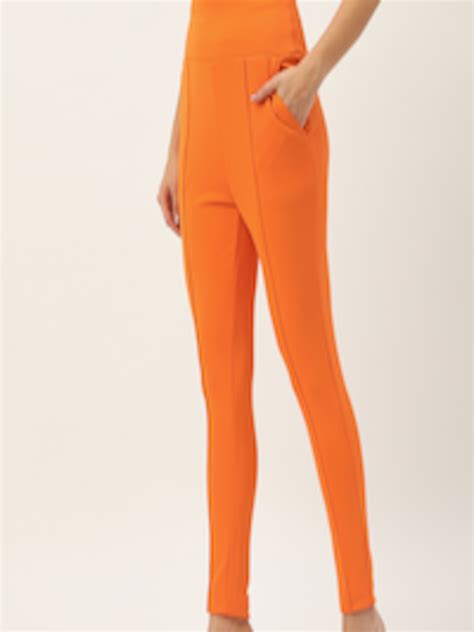 Buy Forever 21 Women Orange Solid Panelled Cigarette Trousers