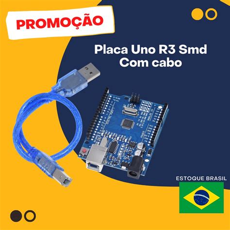 Cabo E Placa Arduino Uno R3 Compatível Smd Ch340 Automação E Robótica