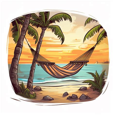 Premium Photo A Cartoon Hammock Between Two Palm Trees On A Beach