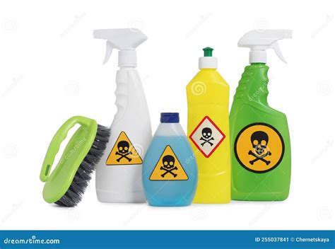 Bottles Of Toxic Household Chemicals With Warning Signs And Brush On