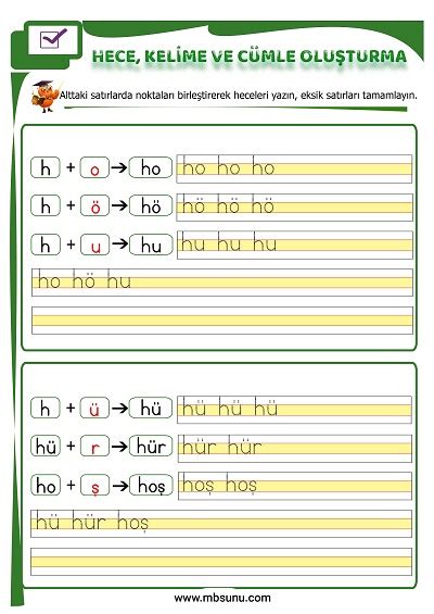 1 Sınıf İlk Okuma H Sesi Birleştirme Etkinliği Mbsunu
