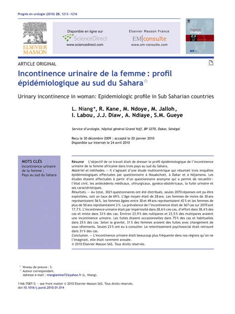 Pdf Incontinence Urinaire De La Femme Profil Pid Miologique Au Sud