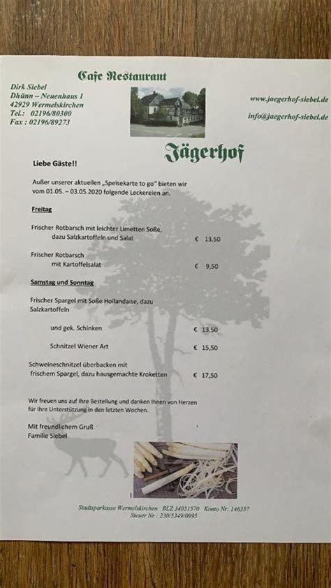 Speisekarte von Jägerhof restaurant Wermelskirchen