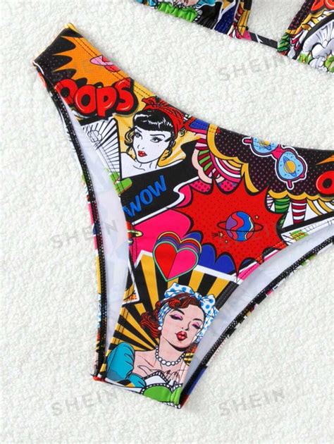 Shein Swim Event Summer Beach Popart Print Halter Triangle Bikini Set