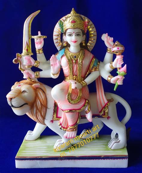 Painted Hindu Durga Mata White Marble Moorti For Worship Size 27