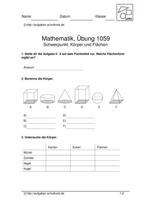 Geometrische Flächen Geometrische Körper Übungsblatt 1059