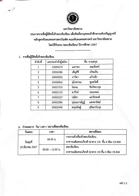 ประกาศรายชื่อผู้มีสิทธิ์เข้าสอบข้อเขียน เพื่อคัดเลือกบุคคลเข้าศึกษาระดับปริญญาตรี หลักสูตรทันตแพ