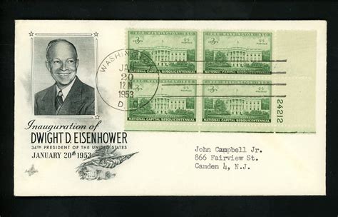 Us Inauguration Day Fdc Dwight D Eisenhower Artcraft Dde I Plate