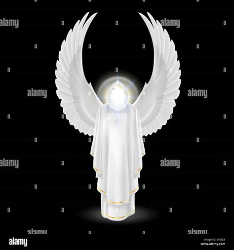 Gods guardian angel in white with wings up on black background. Archangels image. Religious ...