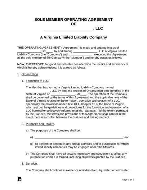 Free Virginia Llc Operating Agreements Pdf Word Eforms