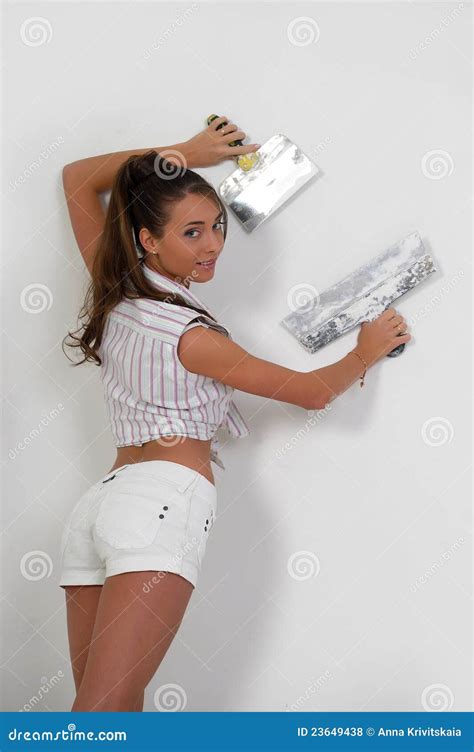 Woman Plastering The Wall Stock Photo Image Of Craftsman