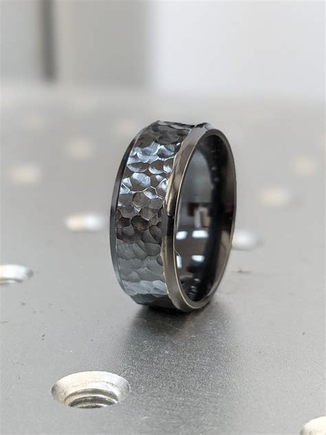 Mens Wedding Band Comfort Fit Hammered Black Zirconium Ring Etsy