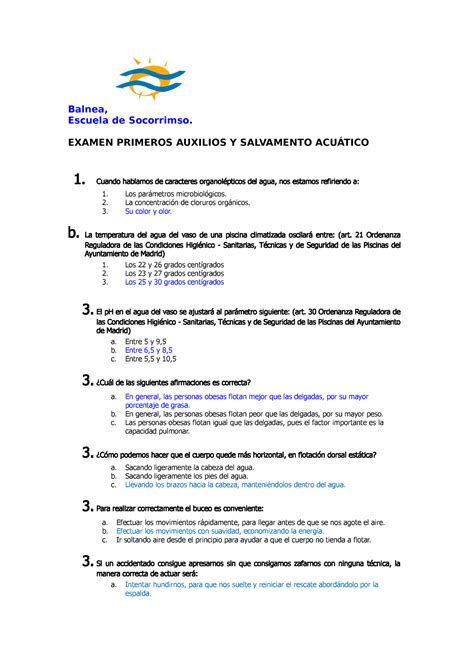 Examen Socorrismo Acuático Y Primeros Auxilios Balnea Escuela De