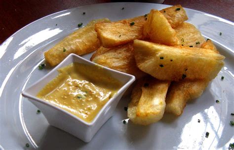 South American Food Fried Yucca Root With Spicy Dipping Sauce Food