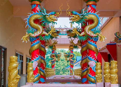 Colorful Statue Of Chinese Dragon Wrapped Around The Pillar Beautiful