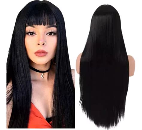 Peruca Lisa Franja Reta Preta Fibra Futura Wig Cap Frete grátis