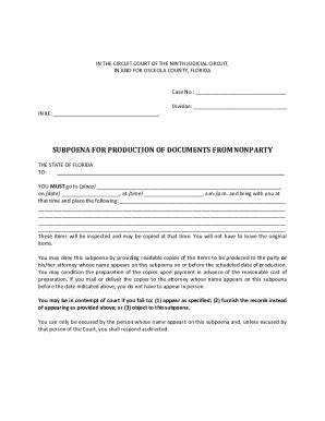 Fillable Online Instructions For Subpoena For Production Of Documents