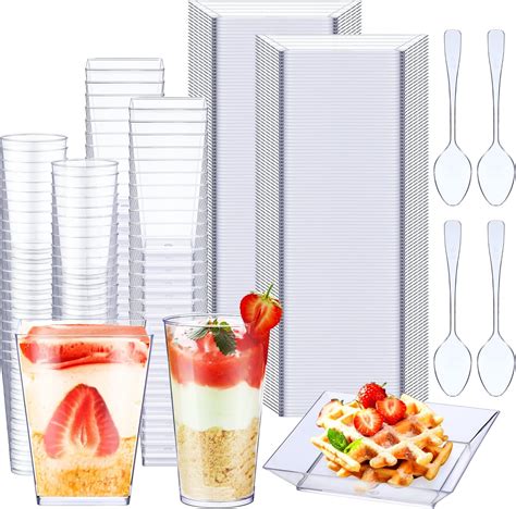 60 Pcs Clear Plastic Dessert Cups With Lids And Spoons Set Party Mini Square Heart