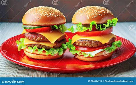 Layered Illusions Photorealistic Hamburgers On A Red Plate Stock