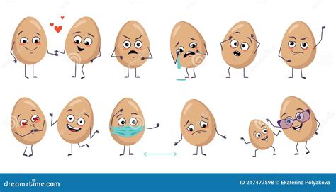 Set Of Cute Egg Characters With Emotions Face Arms And Legs Happy