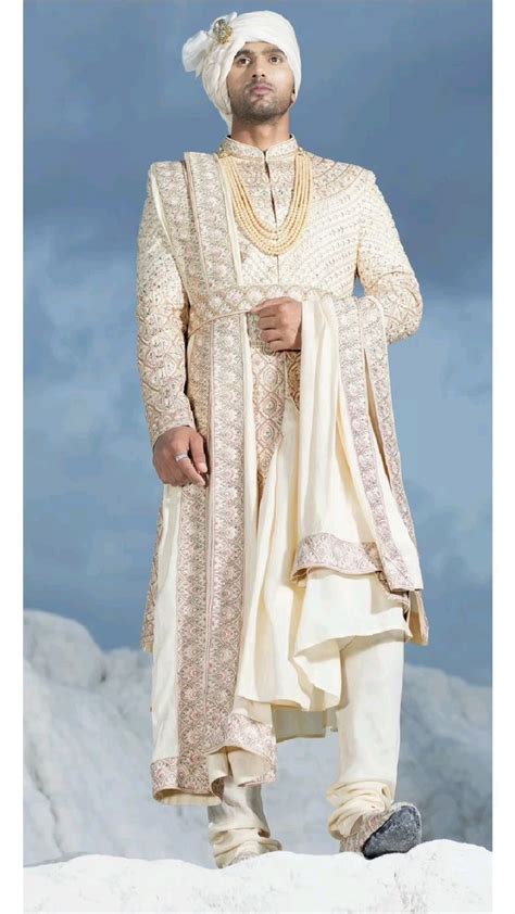 Beige Embroidered Groom Anarkali Style Sherwani Set In Plain Silk