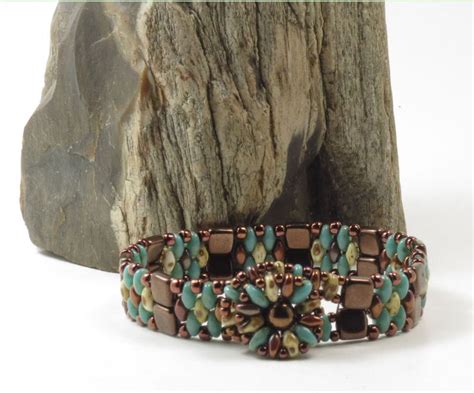 Superduo Czechmate Tile Bracelet Turquoise Picasso White Picasso Bronze Luster Red Superduos