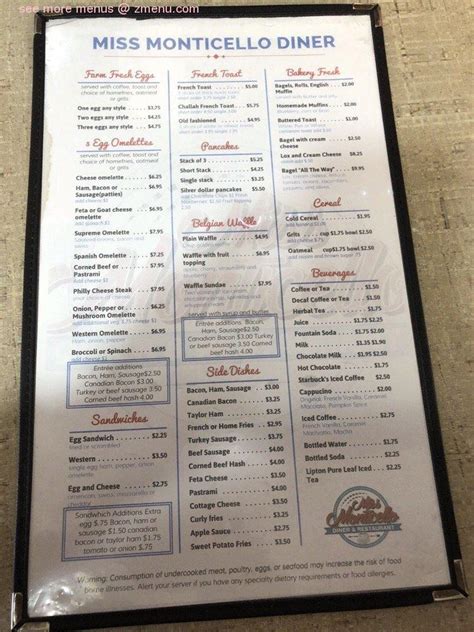 Menu At Miss Monticello Diner Restaurant Monticello 405 Broadway 1