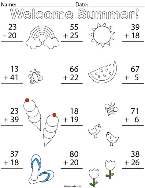 Summer Double Digit Addition Math Worksheet Twisty Noodle