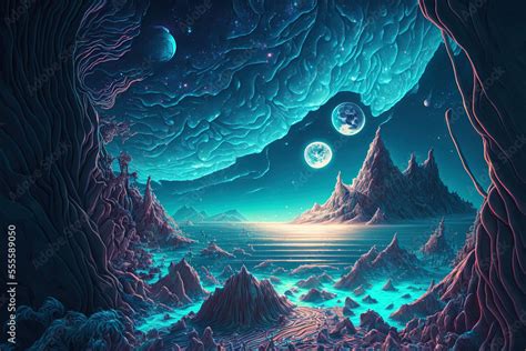 Galactic Ocean Theme Epic Rende Imaginary Fantasy Landscape Illustration Insanely Complex