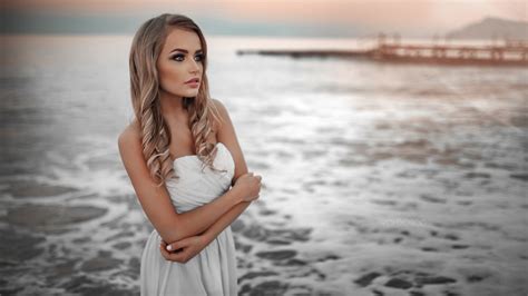 Wallpaper Women Model Blonde Sea Looking Away White Dress