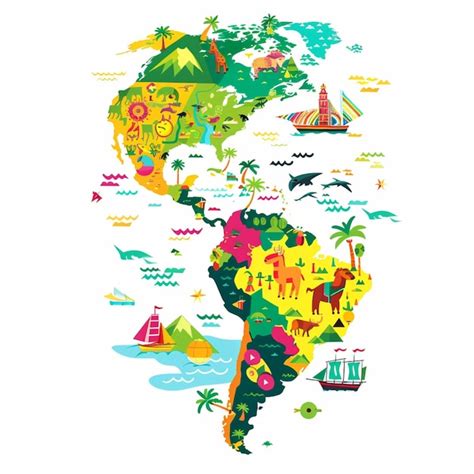 Mapa ilustrado de América Latina con iconos culturales que representan
