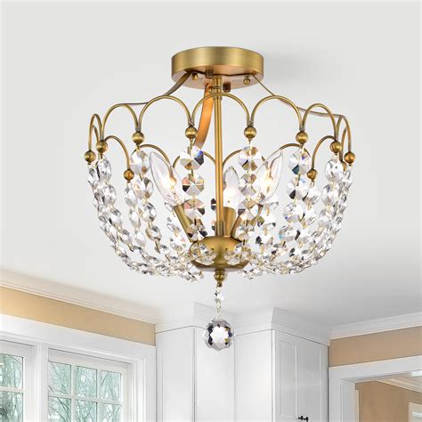 3 Light Vintage Brass Semi Flush Mount With Crystals Edvivi Lighting