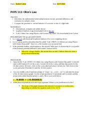 Lab 5 PHYS 113 Ohms Law Using Physics With Vernier Docx Name Rachel